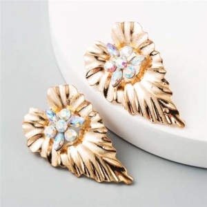 Rhinestone Inlaid Creative Golden Leaf Design Bohemian Fashion Women Earrings - Luminous White