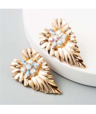Rhinestone Inlaid Creative Golden Leaf Design Bohemian Fashion Women Earrings - Luminous White