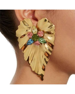 Rhinestone Inlaid Creative Golden Leaf Design Bohemian Fashion Women Earrings - Multicolor