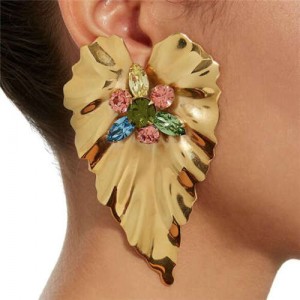 Rhinestone Inlaid Creative Golden Leaf Design Bohemian Fashion Women Earrings - Multicolor