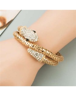 Rhinestone Decorated Snake Design Punk Fashion Golden Alloy Bracelet - Golden