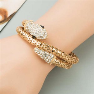 Rhinestone Decorated Snake Design Punk Fashion Golden Alloy Bracelet - Golden
