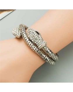 Rhinestone Decorated Snake Design Punk Fashion Golden Alloy Bracelet - Silver