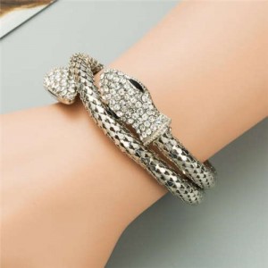 Rhinestone Decorated Snake Design Punk Fashion Golden Alloy Bracelet - Silver