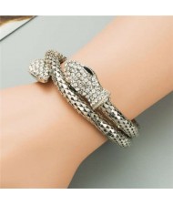 Rhinestone Decorated Snake Design Punk Fashion Golden Alloy Bracelet - Silver