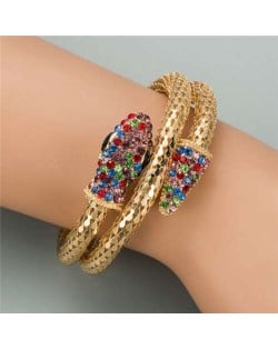 Rhinestone Decorated Snake Design Punk Fashion Golden Alloy Bracelet - Multicolor