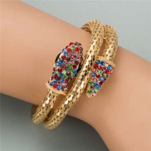 Rhinestone Decorated Snake Design Punk Fashion Golden Alloy Bracelet - Multicolor