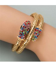 Rhinestone Decorated Snake Design Punk Fashion Golden Alloy Bracelet - Multicolor