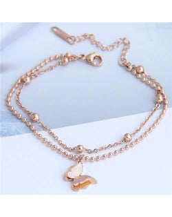 Dual Layers Flower Pendant Beads Chain Fashion Women Bracelet - Rose Gold