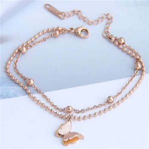 Dual Layers Flower Pendant Beads Chain Fashion Women Bracelet - Rose Gold