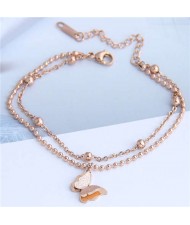 Dual Layers Flower Pendant Beads Chain Fashion Women Bracelet - Rose Gold