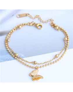 Dual Layers Flower Pendant Beads Chain Fashion Women Bracelet - Golden