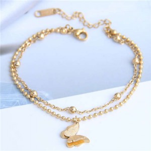 Dual Layers Flower Pendant Beads Chain Fashion Women Bracelet - Golden