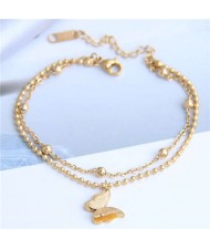 Dual Layers Flower Pendant Beads Chain Fashion Women Bracelet - Golden