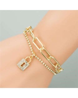 Rhinestone Embellished Lock Pendant Dual Layers Chains Graceful Fashion Bracelet