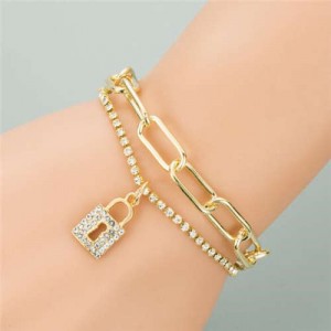 Rhinestone Embellished Lock Pendant Dual Layers Chains Graceful Fashion Bracelet