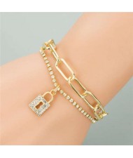 Rhinestone Embellished Lock Pendant Dual Layers Chains Graceful Fashion Bracelet