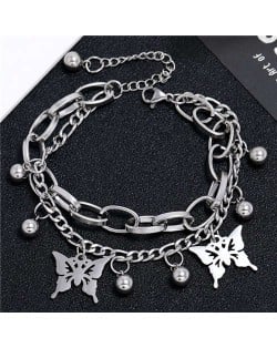 Butterfly Pendants Dual Layers Chain Hip-hop Fashion Bracelet