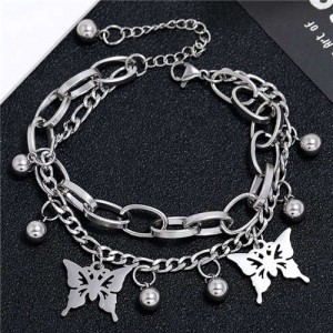 Butterfly Pendants Dual Layers Chain Hip-hop Fashion Bracelet