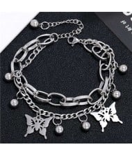 Butterfly Pendants Dual Layers Chain Hip-hop Fashion Bracelet