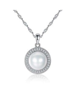 Pearl Inlaid Cubic Zirconia Embellished Round Pendant Graceful 925 Sterling Silver Women Necklace