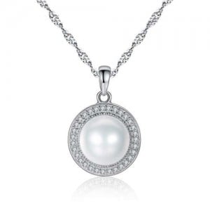 Pearl Inlaid Cubic Zirconia Embellished Round Pendant Graceful 925 Sterling Silver Women Necklace