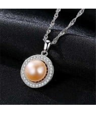 Pearl Inlaid Cubic Zirconia Embellished Round Pendant Graceful 925 Sterling Silver Women Necklace