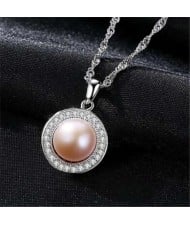 Pearl Inlaid Cubic Zirconia Embellished Round Pendant Graceful 925 Sterling Silver Women Necklace