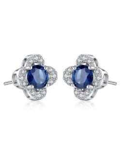Sapphire Inlaid Elegant Flower Design 925 Sterling Silver Women Stud Earrings
