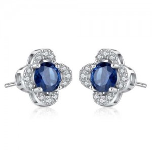 Sapphire Inlaid Elegant Flower Design 925 Sterling Silver Women Stud Earrings