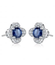 Sapphire Inlaid Elegant Flower Design 925 Sterling Silver Women Stud Earrings