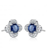 Sapphire Inlaid Elegant Flower Design 925 Sterling Silver Women Stud Earrings