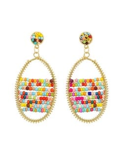 Colorful Beads Inlaid Handmade Bohemian Fashion Oval Shape Women Costume Earrings