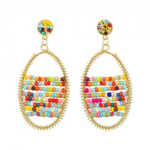 Colorful Beads Inlaid Handmade Bohemian Fashion Oval Shape Women Costume Earrings