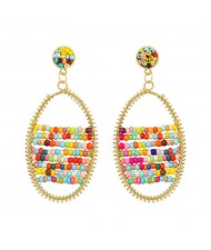 Colorful Beads Inlaid Handmade Bohemian Fashion Oval Shape Women Costume Earrings