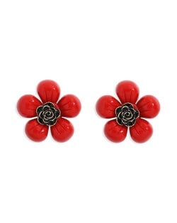 Vintage Style Contrast Colors Tiny Flower Design Women Resin Earrings - Red