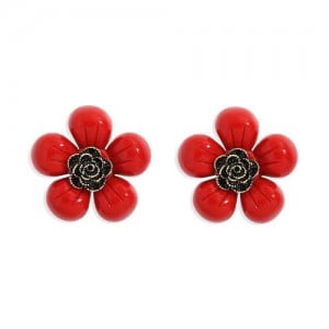 Vintage Style Contrast Colors Tiny Flower Design Women Resin Earrings - Red
