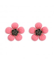 Vintage Style Contrast Colors Tiny Flower Design Women Resin Earrings - Rose