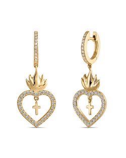 Suspension Cross Inlaid Flaming Heart Design U.S. High Fashion Earrings - Golden
