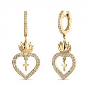 Suspension Cross Inlaid Flaming Heart Design U.S. High Fashion Earrings - Golden