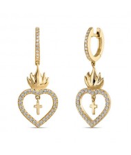 Suspension Cross Inlaid Flaming Heart Design U.S. High Fashion Earrings - Golden