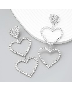 Suspension Cross Inlaid Flaming Heart Design U.S. High Fashion Earrings - Silver