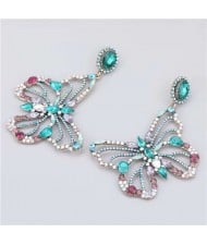 Glass Drilling Classic Butterfly Design Creative Women Alloy Earrings - Blue