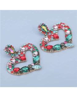 High Fashion Colorful Rhinestone Embellished Heart Women Statement Earrings - Green