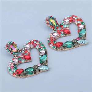 High Fashion Colorful Rhinestone Embellished Heart Women Statement Earrings - Green
