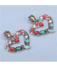 High Fashion Colorful Rhinestone Embellished Heart Women Statement Earrings - Green