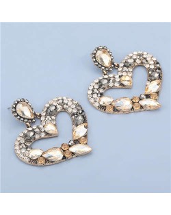 High Fashion Colorful Rhinestone Embellished Heart Women Statement Earrings - Champagne