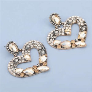 High Fashion Colorful Rhinestone Embellished Heart Women Statement Earrings - Champagne