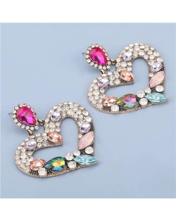 High Fashion Colorful Rhinestone Embellished Heart Women Statement Earrings - Pink