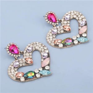 High Fashion Colorful Rhinestone Embellished Heart Women Statement Earrings - Pink